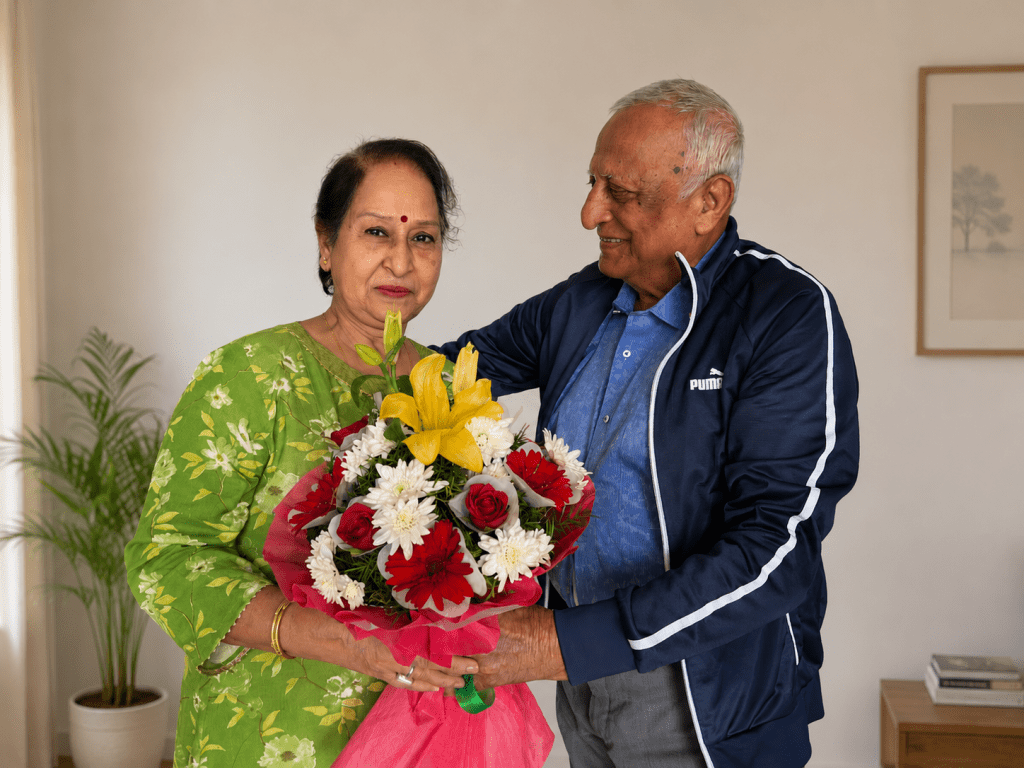 An elderly Indian couple standing together at home, the husband handing his wife a bouquet of flowers